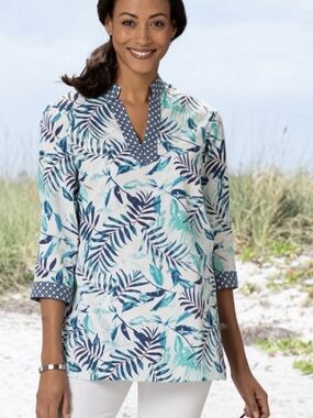 Foxcroft Appleseed Tunic Top Wrinkle Free Tropical Aqua Coastal Sz 6P 6 Petite